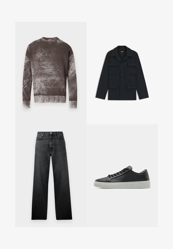 Giacca utility blu navy realizzata in tessuto leggero, con colletto classico e quattro tasche frontali. Taglio dritto con maniche lunghe.; Maglione a maniche lunghe con scollo a girocollo, maculato marrone e grigio, con polsini e orlo a coste, caratterizzato da un piccolo logo ricamato sul petto.; Jeans in denim nero con un design a gamba dritta, dotati di cinque tasche e chiusura con bottone. Il tessuto ha una leggera lucentezza e una texture visibile.; Sneaker in pelle nera con una texture liscia, punta rotonda e lacci neri. Presenta una suola in gomma bianca spessa con sottili accenti geometrici.