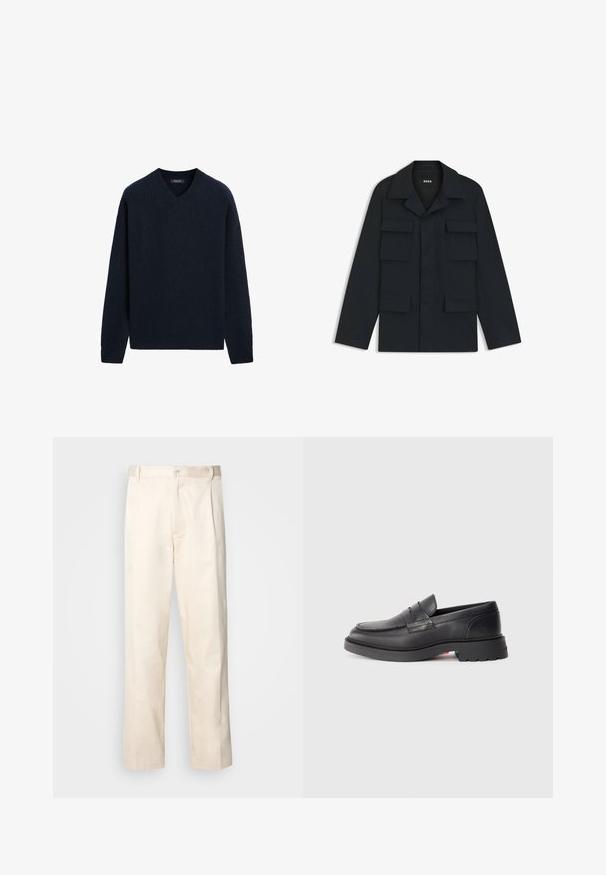 Navyblaue Utility-Jacke aus leichtem Stoff, mit klassischem Kragen und vier vorderen Taschen. Gerader Schnitt mit langen Ärmeln.; Navyblaues, geripptes Strickpullover mit V-Ausschnitt, langen Ärmeln und einer lockeren Passform. Weicher Stoff mit minimalen Details.; Beige Baumwollhose mit geradem Bein, ausgestattet mit einem Knopfverschluss und Falten an der Vorderseite für zusätzliche Details.; Schwarze Leder-Lenker mit runder Spitze, erhobenem Naht und dicker Gummisohle. Schlichtes Design mit minimaler Markenpräsenz an der Seite.