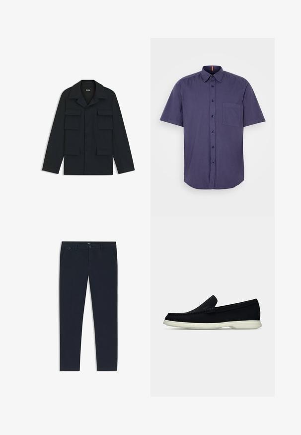 Granatowa kurtka robocza wykonana z lekkiego materiału, z klasycznym kołnierzem i czterema przednimi kieszeniami. Prosty krój z długimi rękawami.; Koszula z krótkim rękawem, granatowa, zapinana na guziki, wykonana z bawełny, z kieszonką na piersi i zaokrąglonym dołem. Posiada ciemne guziki i kołnierzyk.; Granatowe spodnie wykonane z lekkiego materiału, cechujące się prostą nogawką, kieszeniami bocznymi oraz przednim zapięciem na guzik z detalem z logo.; Czarny pantofel wsuwany z okrągłym noskiem, charakteryzujący się teksturowanym wierzchem, gładką białą podeszwą oraz subtelnym detalem z logo po boku.