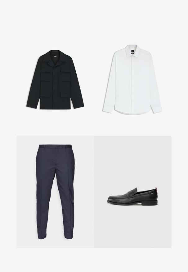 Marineblauwe utilityjack gemaakt van lichtgewicht stof, met een klassieke kraag en vier voorzakken. Rechte snit met lange mouwen.; Witte lange mouwen knopen overhemd, katoenen stof, klassieke kraag, rechte zoom, subtiele textuur aan de binnenkraag en parelachtige knopen.; Marineblauwe broek met een gladde textuur, slank model en plooi lijnen. Voorzien van riemlussen en een ritssluiting.; Zwarte leren instappers met een textuur aan de voorkant en gladde zijden. Voorzien van een slanke hak en een lus aan de achterkant voor gemakkelijk aan- en uittrekken. Klassiek ontwerp.