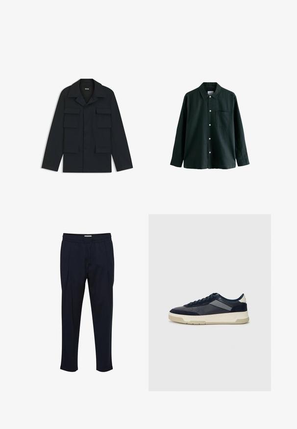 Chaqueta de trabajo azul marino hecha de tejido ligero, con un cuello clásico y cuatro bolsillos frontales. Corte recto con mangas largas.; Camisa de botón de color verde oscuro con cuello, mangas largas y un bolsillo en el pecho; cuenta con botones blancos y una textura suave.; Pantalones ajustados de color azul marino con cintura de cordón, frente plisado y tobillo entallado. Hechos de una tela suave y ligera.; BOSS BALTIMORE - Zapatillas - open blue