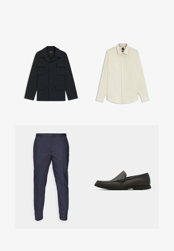 Giacca utility blu navy realizzata in tessuto leggero, con colletto classico e quattro tasche frontali. Taglio dritto con maniche lunghe.; BOSS JOE KENT - Camicia elegante - open white eleven; Pantaloni blu navy con una texture liscia, design slim fit e pieghe. Presentano passanti per cintura e zip per la chiusura.; Mocassini in pelle marrone scuro con punta arrotondata, dettagli di cucitura discreti e suola in gomma bassa. Texture liscia con una vestibilità flessibile.