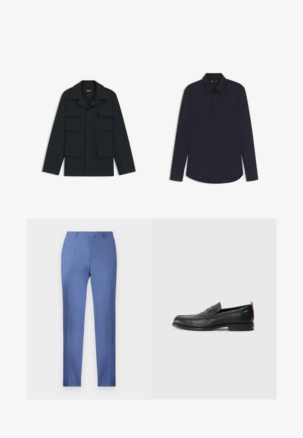 Marineblauwe utilityjack gemaakt van lichtgewicht stof, met een klassieke kraag en vier voorzakken. Rechte snit met lange mouwen.; Marineblauwe overhemd met lange mouwen, gemaakt van gladde stof met een gestructureerde kraag, voorzien van donkere knopen en een gebogen zoom.; Lichtblauwe op maat gemaakte broeken met een gladde textuur, voorzien van scherpe plooien, een platte voorkant en zonder zichtbare zakken of versieringen.; Zwarte leren instappers met een textuur aan de voorkant en gladde zijden. Voorzien van een slanke hak en een lus aan de achterkant voor gemakkelijk aan- en uittrekken. Klassiek ontwerp.