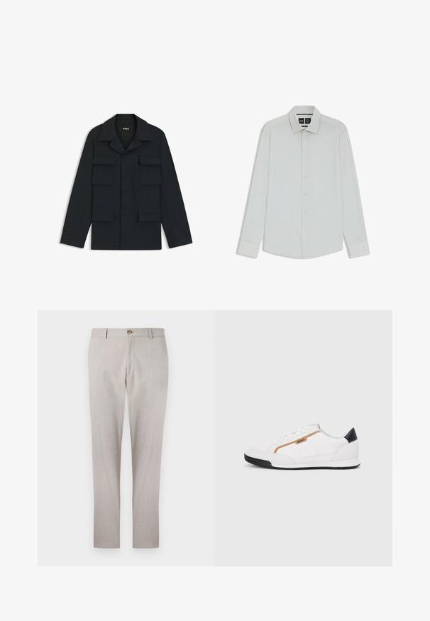 Marineblauwe utilityjack gemaakt van lichtgewicht stof, met een klassieke kraag en vier voorzakken. Rechte snit met lange mouwen.; Witte lange mouwen shirt met een klassieke kraag, knoopsluiting aan de voorkant en een zachte textuur. Heeft een subtiele glans en een getailleerde pasvorm.; Lichtgrijze linnen broeken met een op maat gemaakt ontwerp, knoopsluiting, zijzakken en een rechte pijp. Zachte textuur en minimale stikdetails.; Witte sportieve schoenen met gaas- en lederen accenten. Voorzien van een gouden "BOSS" logo, gestructureerde zijpanelen en een zwarte hakkap. Rubberen zool.