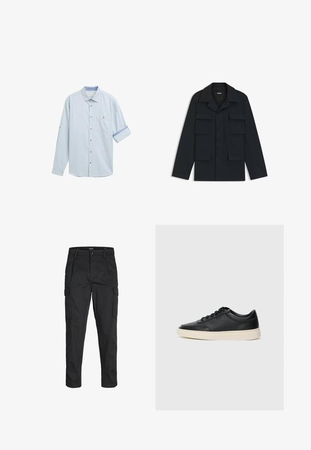 Marineblauwe utilityjack gemaakt van lichtgewicht stof, met een klassieke kraag en vier voorzakken. Rechte snit met lange mouwen.; Lichtblauw ingebutton shirt met lange mouwen, opgerolde manchetten, een enkele borstzak en bruine knopen voor sluiting. Zachte stofstructuur.; Zwarte cargobroek van stevig stof, met meerdere zakken, een knoopsluiting en een slim fit ontwerp met taps toelopende benen.; Zwarte leren sneaker met lage schacht, zwarte veters en off-white zool, weergegeven in zijprofiel op een witte achtergrond.