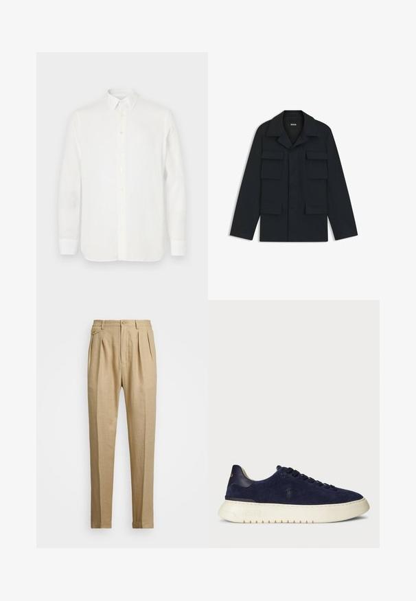 Marineblauwe utilityjack gemaakt van lichtgewicht stof, met een klassieke kraag en vier voorzakken. Rechte snit met lange mouwen.; Witte lange mouwen shirt van lichtgewicht stof, met een klassieke kraag, knoopsluiting en rechte zoom. Soepele textuur.; Beige linnen broek met een rechte snit, voorzien van twee voorplooien, een knoopsluiting en zijzakken. Gestructureerde stof met een gladde afwerking.; Marineblauwe suède lage sneaker met een textuur, rubberen zool en tonale veters, met een klein logo aan de zijkant en op de hiel.