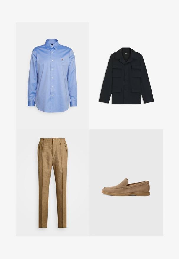 Granatowa kurtka robocza wykonana z lekkiego materiału, z klasycznym kołnierzem i czterema przednimi kieszeniami. Prosty krój z długimi rękawami.; Jasnoniebieska koszula zapinana na guziki z kołnierzykiem, długimi rękawami i małym logo na lewej piersi. Wykonana z gładkiej bawełnianej tkaniny.; Brązowe spodni w kratę o dopasowanym kroju, z plisowanym przodem, dwoma bocznymi kieszeniami i zapięciem na guzik. Gładka faktura z eleganckim krojem.; Brązowe zamszowe mokasyny wsuwane o gładkiej fakturze i przeszyciach; mają gumową podeszwę zapewniającą przyczepność.