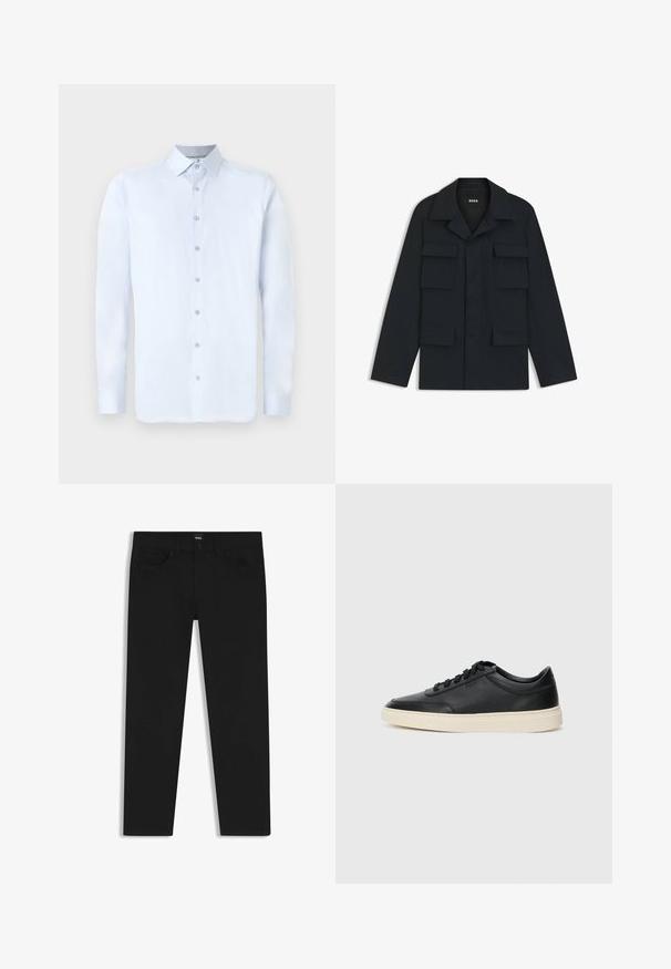 Mørkeblå utility jakke lavet af letvægtsstof, med en klassisk krave og fire forlommer. Lige pasform med lange ærmer.; Lys blå langærmet skjorte med spids krave, frontlukning med knapper og glat tekstur. Har sølvfarvede knapdetaljer på lukningen.; Sorte denimbukser med lige pasform, der har en standard talje, fem lommer og en knaplukning. Glat struktur over det hele.; Sort lavt top lædersneaker med sorte snørebånd og off-white sål vist i sideprofil på hvid baggrund.