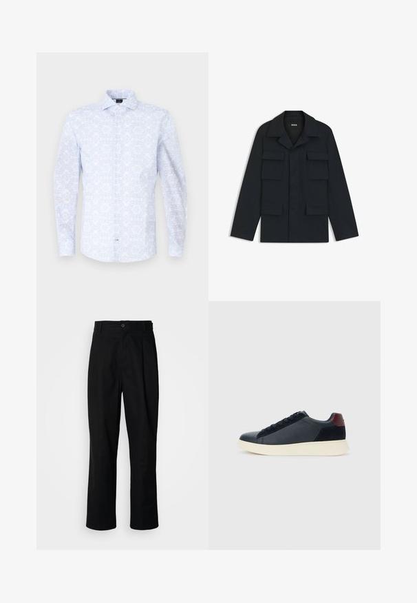 Granatowa kurtka robocza wykonana z lekkiego materiału, z klasycznym kołnierzem i czterema przednimi kieszeniami. Prosty krój z długimi rękawami.; Jasnoniebieska, długosleeve koszula w kwiatowy wzór, wykonana z gładkiego materiału. Posiada spiczasty kołnierzyk i zapięcie na guziki z przodu.; Czarne spodnie o prostych nogawkach z zapięciem na guziki w pasie, szlufkami na pasek i fałdą z przodu, prezentowane na jednolitym białym tle.; Niskie męskie sneakersy z czarnej skóry i zamszu, z bordową pętlą na pięcie i białą gumową podeszwą, widziane z zewnętrznej strony.