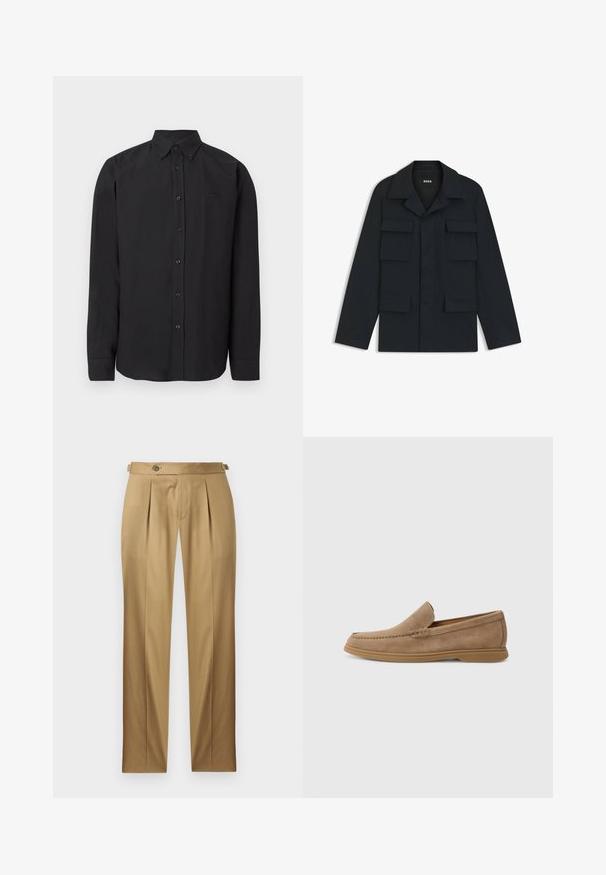 Laivaston sininen utiliittijakku, joka on valmistettu kevyestä kankaasta. Siinä on klassinen kaulus ja neljä etutaskua. Suora leikkaus ja pitkät hihat.; Musta pitkähiha paita, jossa on napillinen kaulus, sileä kangas ja hillitty logo. Paidassa on napit edessä ja kalvosinhihat.; Beiget suoralahkeiset housut, joissa on laskokset, napillinen suljenta ja vyölenkit. Sileä kangas ja siisti, räätälöity ilme.; Ruskeat mokka-kankaiset loaferit, joissa on sileä pinta ja ommeltu yksityiskohta; varustettu kumipohjalla pitävän otteen takaamiseksi.