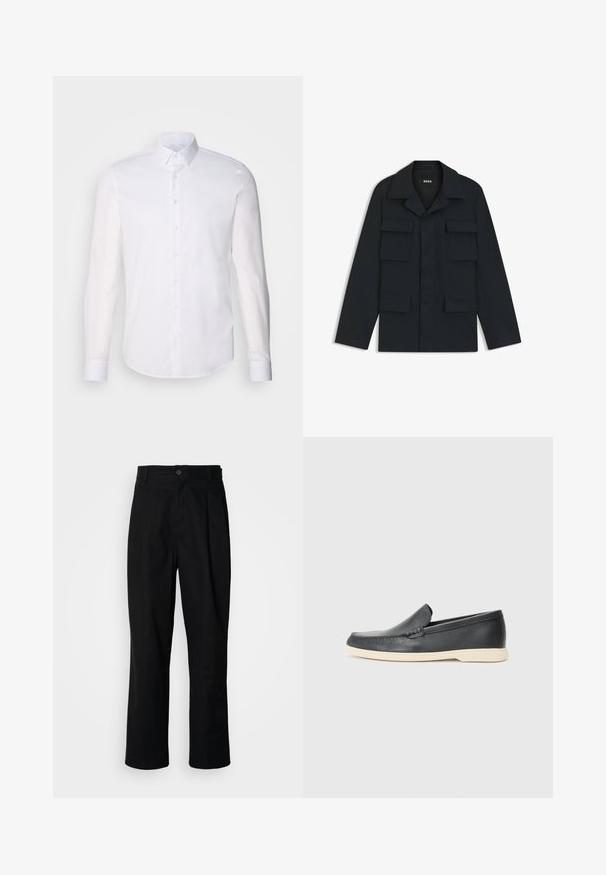 Marinblå arbetsjacka i lätt material, med klassisk krage och fyra framfickor. Rakt snitt med långa ärmar.; Vit långärmad skjorta med knappar tillverkad av bomull, har en klassisk krage, framskjuta knappar och minimal sömnadsdetalj.; Svarta rakbenade byxor med knäppning i midjan, bälteshällor och framfåll, uppvisade mot en enkel vit bakgrund.; Svarta läder slip-on loafers med en texturerad yta och en kontrasterande beige gummisula. Har en subtil accent längs fram.