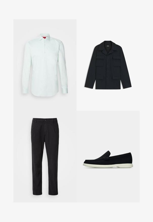 Marinblå arbetsjacka i lätt material, med klassisk krage och fyra framfickor. Rakt snitt med långa ärmar.; HUGO KASON - Skjorta - light/pastel green; Svarta byxor i slät tyg med rak bendesign, framfåll och knäppning vid midjan.; Svart slip-on sko med rund tå, med en texturerad ovandel, slät vit sula och diskret logotypdetalj på sidan.