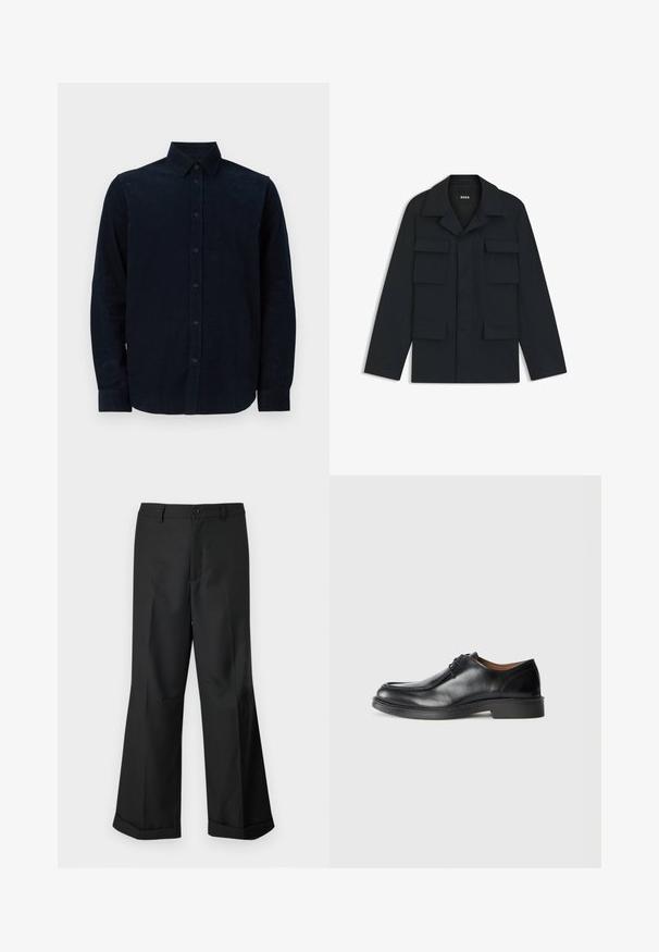 Mørkeblå utility jakke lavet af letvægtsstof, med en klassisk krave og fire forlommer. Lige pasform med lange ærmer.; Marineblå langærmet skjorte lavet af struktureret stof, med knaplukning foran, spidse kraver og knaplukninger ved manchetterne.; Sorte vide benbukser med knappet talje og opslåede ben, præsenteret mod en ensfarvet hvid baggrund.; Sorte lædersko med rund tå, glat overflade, snøre detaljer og en lav, tekstureret gummisål. Rene linjer og minimalistisk design.