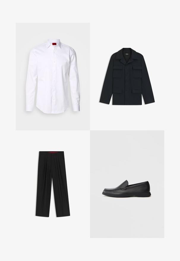 Marineblauwe utilityjack gemaakt van lichtgewicht stof, met een klassieke kraag en vier voorzakken. Rechte snit met lange mouwen.; Witte lange mouwen shirt met vissengraatstructuur, button-down kraag en rood logo label op de binnenkraag. Standaard pasvorm met knopen aan de voorkant.; Zwarte wijde broek met een vlakke voorkant, twee zijzakken, geplooid ontwerp en een contrasterende rode binnenband.; Zwarte leren instaploafer met een textuur bovenwerk, ronde neus, lage hak en rubberen zool, weergegeven in zijprofiel op een witte achtergrond.
