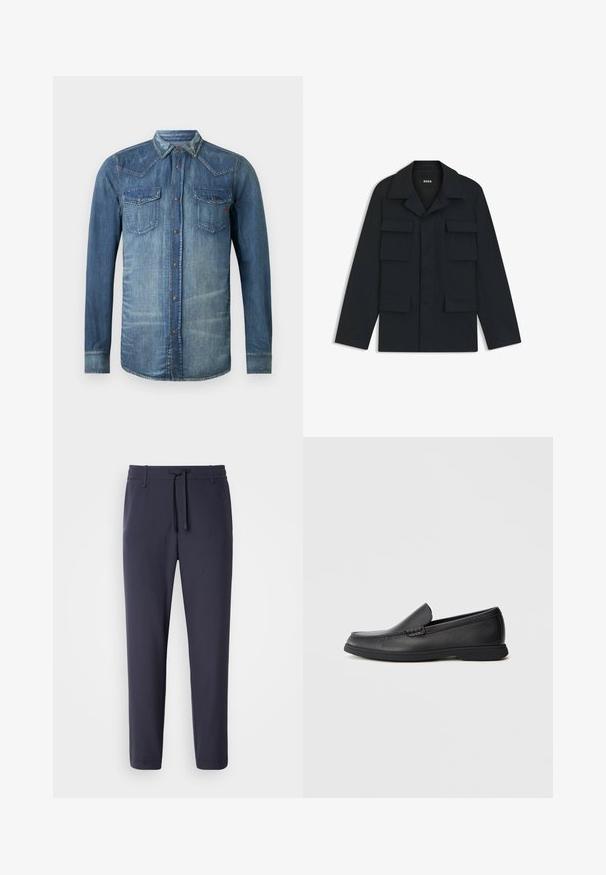 Marineblauwe utilityjack gemaakt van lichtgewicht stof, met een klassieke kraag en vier voorzakken. Rechte snit met lange mouwen.; Denim shirt, lichtblauw, lange mouwen, knoopsluiting aan de voorkant, twee borstzakken, Western-stijl yoke en stiksels, vervaagde afwerking.; Marine joggingsbroek met een elastische tailleband en trekkoord. Gemaakt van een glad materiaal, met taps toelopende pijpen en zonder zichtbare zakken.; Zwarte leren instaploafer met een textuur bovenwerk, ronde neus, lage hak en rubberen zool, weergegeven in zijprofiel op een witte achtergrond.