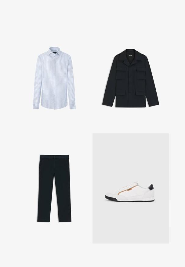 Marineblauwe utilityjack gemaakt van lichtgewicht stof, met een klassieke kraag en vier voorzakken. Rechte snit met lange mouwen.; Hackett London STRIPES - Overhemd - blue white; Donkerblauwe chino's gemaakt van een katoenmix stof. Voorzien van riemlussen, front pockets en een rits met knoopsluiting.; Witte sportieve schoenen met gaas- en lederen accenten. Voorzien van een gouden "BOSS" logo, gestructureerde zijpanelen en een zwarte hakkap. Rubberen zool.