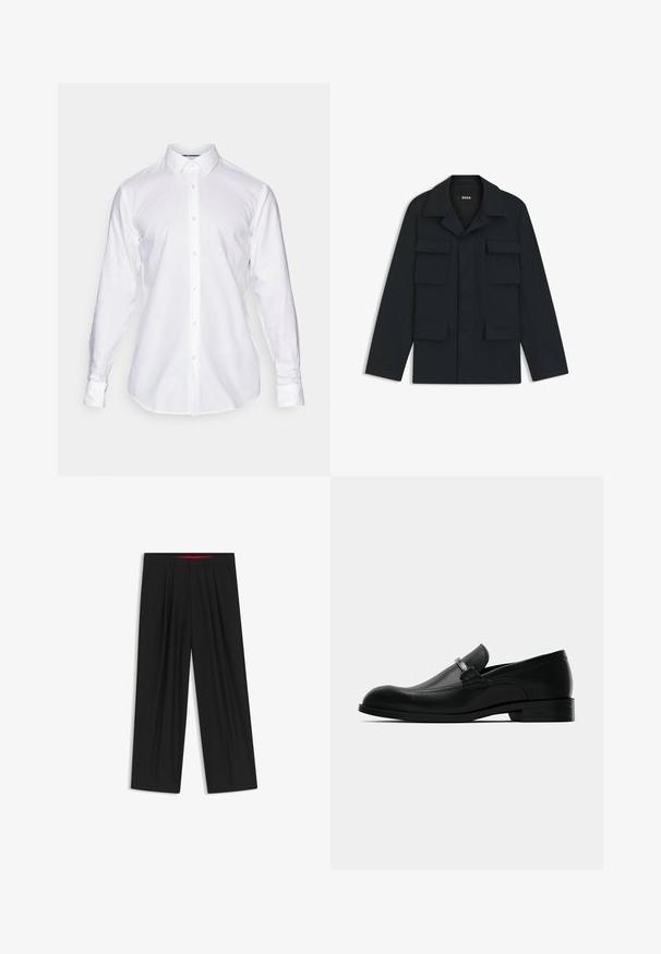 Marineblauwe utilityjack gemaakt van lichtgewicht stof, met een klassieke kraag en vier voorzakken. Rechte snit met lange mouwen.; Witte button-up shirt met een klassieke kraag, lange mouwen en een rechte zoom. Gemaakt van gladde stof met zichtbare stiksels en knopen.; Zwarte wijde broek met een vlakke voorkant, twee zijzakken, geplooid ontwerp en een contrasterende rode binnenband.; Zwarte leren herenschoen met een metalen design en een lage hak, weergegeven vanuit de zijkant op een witte achtergrond.