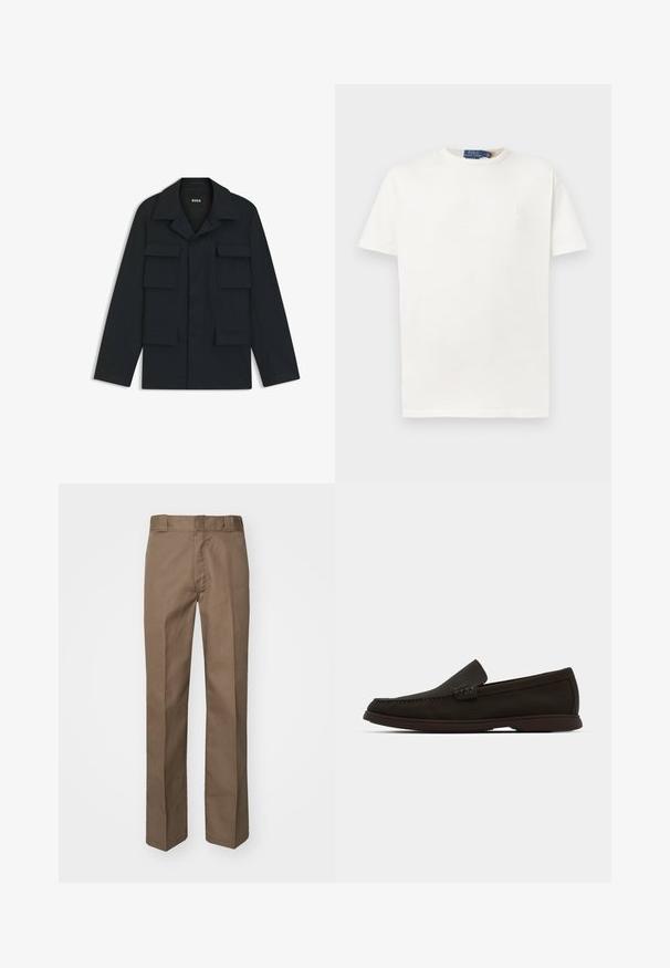 Navy blue utility jacket made of lightweight fabric, featuring a classic collar and four front pockets. Straight cut with long sleeves.; Plain white short-sleeve crew neck T-shirt with subtle embroidered logo on left chest and branded collar label.; Brown trousers with a flat front design, straight legs, and a classic waistband. Made of durable fabric, featuring no visible patterns or embellishments.; Dark brown suede slip-on loafers with a stitched toe, low-profile rubber sole, and textured accents on the upper.