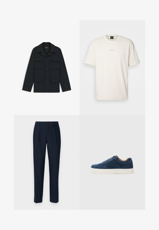 Navyblaue Utility-Jacke aus leichtem Stoff, mit klassischem Kragen und vier vorderen Taschen. Gerader Schnitt mit langen Ärmeln.; BOSS TEE - T-Shirt basic - open white; Marineblaue maßgeschneiderte Hose mit geradem Schnitt, mit Falten auf der Vorderseite, einer glatten Textur und normalen Gürtelschlaufen.; Blaue Wildledersneaker mit weißer Gummisohle, Schnürdesign, runder Zehenpartie und kontrastierender, tanfarbener Innenseite. Subtile Stichelemente.