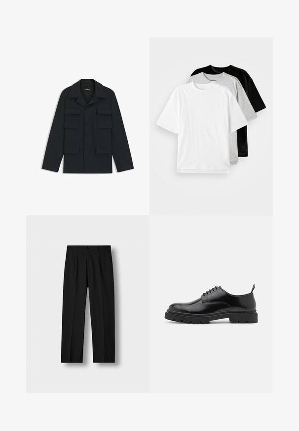 Marineblauwe utilityjack gemaakt van lichtgewicht stof, met een klassieke kraag en vier voorzakken. Rechte snit met lange mouwen.; Drie T-shirts met korte mouwen in wit, grijs en zwart. Elk heeft een klassieke ronde hals en een zachte, katoenen textuur.; Zwarte broek van gestructureerde stof, met plooien, een knoopsluiting aan de voorkant en zijzakken. Recht model met een getailleerde pasvorm.; Zwarte leren veterschoenen met een ronde neus, gladde textuur en geribbelde rubberen zool. Heeft een kleine hak en een lus aan de achterkant.