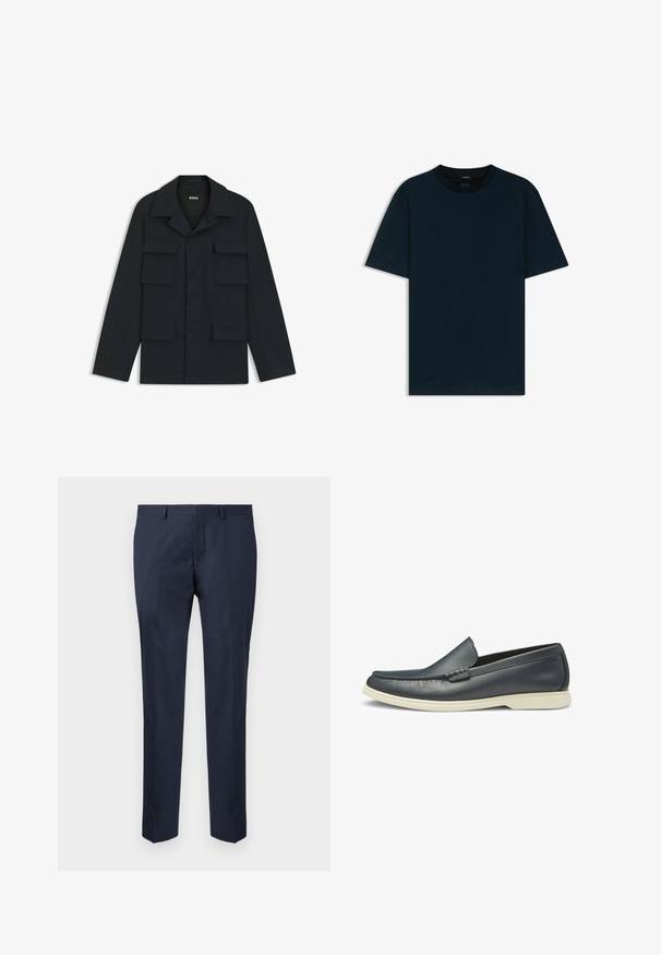 Marinblå arbetsjacka i lätt material, med klassisk krage och fyra framfickor. Rakt snitt med långa ärmar.; Mörknavyblå kortärmad T-shirt med texturerad tyg, rund halsringning och rak passform utan synliga grafiska tryck eller detaljer.; Marina blå skräddarsydda byxor, tillverkade av ett slätt tyg. Har en rak bendesign med flat front och sidofickor.; Marina läderloafer med en slät textur, slip-on design och en kontrasterande vit gummisula. Har en dekorativ broderad detalj på ovandelen.