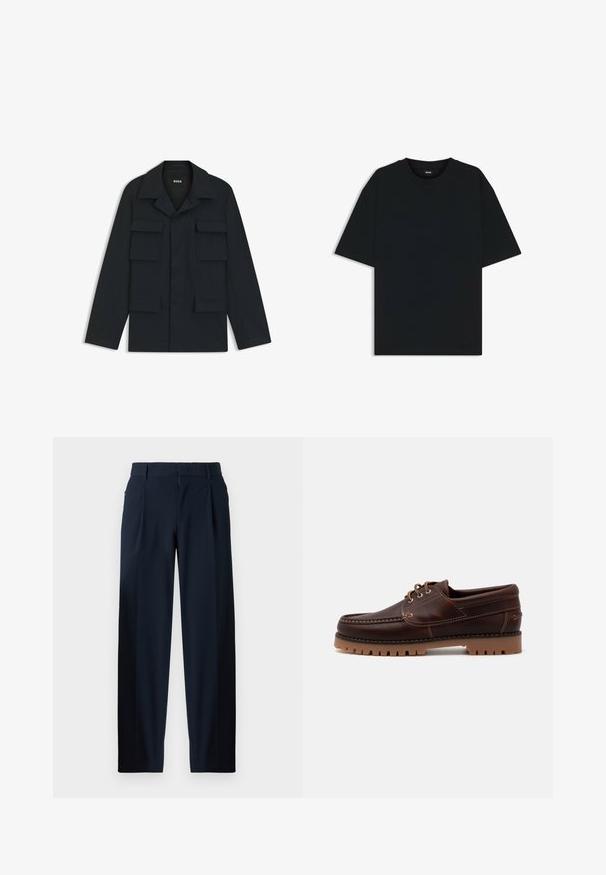 Giacca utility blu navy realizzata in tessuto leggero, con colletto classico e quattro tasche frontali. Taglio dritto con maniche lunghe.; Maglietta in cotone nera con scollatura rotonda e maniche corte. Presenta una vestibilità ampia e un design semplice senza motivi o dettagli.; Pantaloni blu navy con una texture liscia, design a gamba larga, pieghe frontali, passanti per cintura e chiusura con zip. Adatti per abbigliamento formale o casual.; Scarpa da barca in pelle marrone con dettagli di cucitura, design con lacci e suola in gomma resistente con battistrada testurizzato per una presa migliore.