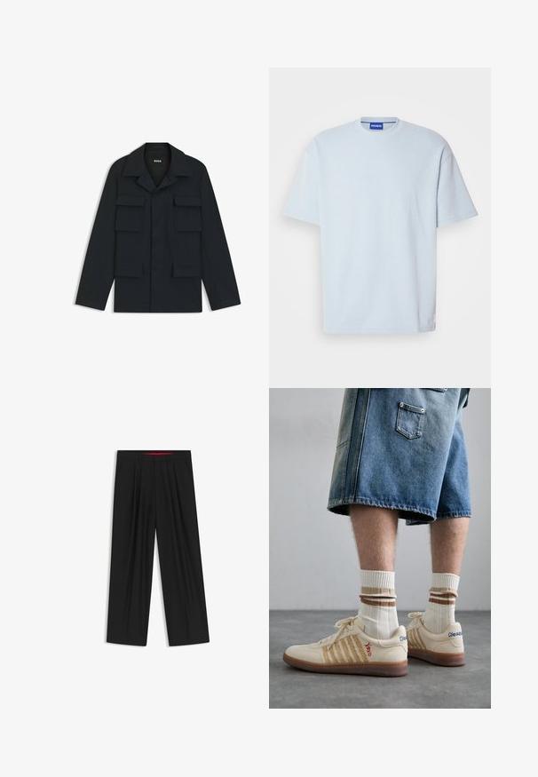 Giacca utility blu navy realizzata in tessuto leggero, con colletto classico e quattro tasche frontali. Taglio dritto con maniche lunghe.; Maglietta a righe azzurra chiara con colletto rotondo e maniche corte. Presenta una vestibilità regolare e un discreto logo accentuato sull'orlo.; Pantaloni neri a gamba larga con fronte piatto, due tasche laterali, design plissettato e un elastico in vita di colore rosso a contrasto.; Sneaker retro beige con suola in gomma marrone, dotate di dettagli a righe e loghi ricamati. Indossate con calze bianche e dettagli marroni a righe.