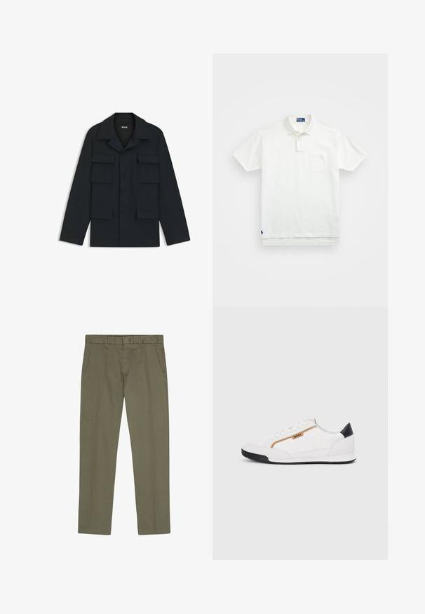 Navy blue utility jacket made of lightweight fabric, featuring a classic collar and four front pockets. Straight cut with long sleeves.; White polo shirt made of cotton, featuring a classic collar, three-button placket, and a left chest pocket; small logo at the hem.; NN.07 THEO - Chinos - capers; White athletic shoes with mesh and leather accents. Features a gold "BOSS" logo, textured side panels, and a black heel cap. Rubber sole.