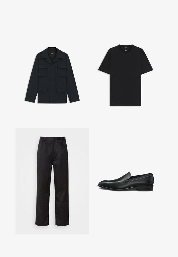 Granatowa kurtka robocza wykonana z lekkiego materiału, z klasycznym kołnierzem i czterema przednimi kieszeniami. Prosty krój z długimi rękawami.; Czarny t-shirt krótki rękaw wykonany z gładkiej mieszanki bawełny, z okrągłym dekoltem i minimalistycznym designem bez wzorów czy akcentów.; Czarne spodnie wykonane z gładkiego materiału, z zapięciem na guzik z przodu, plisami i prostymi nogawkami. Brak widocznych wzorów lub akcentów.; Czarne skórzane loafersy o smukłym designie, zaokrąglony czubek i subtelne detale szwów. Niski czarny obcas i gładka tekstura.
