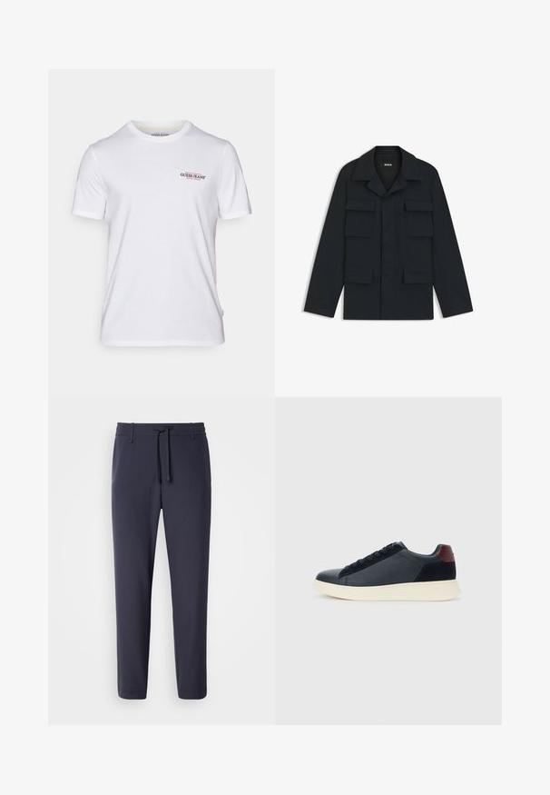 Laivaston sininen utiliittijakku, joka on valmistettu kevyestä kankaasta. Siinä on klassinen kaulus ja neljä etutaskua. Suora leikkaus ja pitkät hihat.; Valkoinen puuvillapaita, jossa on pyöreä pääntie, lyhyet hihat ja pieni punainen ja sininen "GUESS JEANS" -logo vasemmalla rintapielellä.; Navy jogger-housut elastisella vyötäröllä ja naruilla. Valmistettu sileästä materiaalista, jossa on kapenevat lahkeet eikä näkyviä taskuja.; Miestne bežecké tenisky s nízkym strihom v čiernej koži a semišovej úprave s bordovým jazykom a bielou gumovou podrážkou, pohľad z vonkajšej strany.