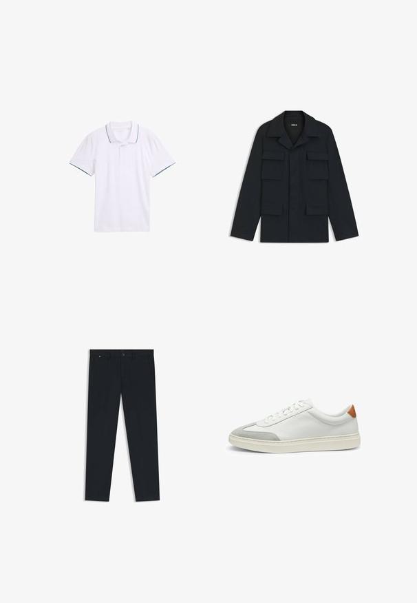 Chaqueta de trabajo azul marino hecha de tejido ligero, con un cuello clásico y cuatro bolsillos frontales. Corte recto con mangas largas.; Polo blanco de algodón, con un cuello clásico, mangas cortas y ribetes en azul marino en el cuello y los bordes de las mangas.; Pantalones oscuros de marino para hombre, confeccionados en una tela ligera. Cuentan con cierre de botón, trabillas para cinturón y dos bolsillos laterales. Diseño de pierna recta.; Zapatillas de cuero blanco con acentos de ante gris y un refuerzo de cuero marrón claro en el talón. Presentan una superficie texturizada y una suela ligera.