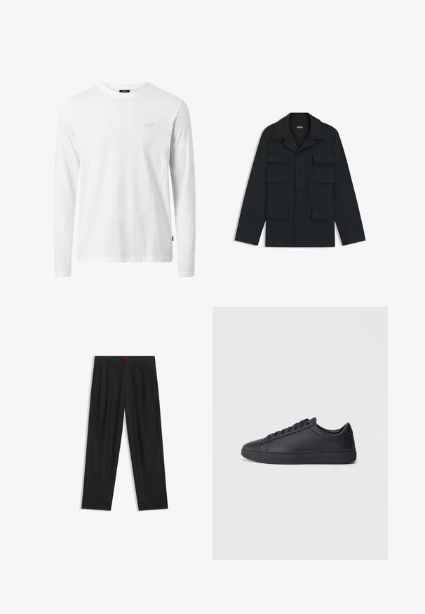 Marineblauwe utilityjack gemaakt van lichtgewicht stof, met een klassieke kraag en vier voorzakken. Rechte snit met lange mouwen.; Witte lange mouwen t-shirt van katoen, met een ronde hals, zachte textuur en een subtiele logo op de borst. Eenvoudig, klassiek ontwerp.; Zwarte broek met een geplooid ontwerp, wijde pijpen en een zachte textuur. Voorzien van een rode taillebandlabel.; Zwarte sneakers van glad leer met een lage schacht, ronde neus en platte rubberen zool. Voorzien van veters en subtiele branding.