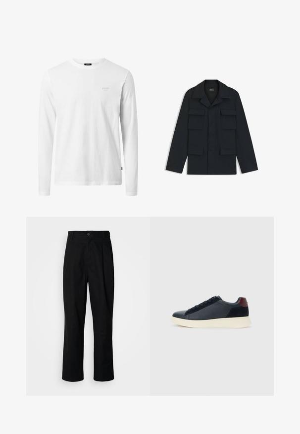 Navyblaue Utility-Jacke aus leichtem Stoff, mit klassischem Kragen und vier vorderen Taschen. Gerader Schnitt mit langen Ärmeln.; Weißes Langarm-T-Shirt aus Baumwolle, mit rundem Halsausschnitt, weicher Textur und dezentem Logo auf der Brust. Einfaches, klassisches Design.; Schwarze gerade geschnittene Hosen mit einem Knopfverschluss, Gürtelschlaufen und Vorderfalten, vor einem schlichten weißen Hintergrund präsentiert.; Schwarze Leder- und Wildledersneaker für Herren mit einem ziegelroten Fersenpatch und weißer Gummisohle, von der Außenseite betrachtet.