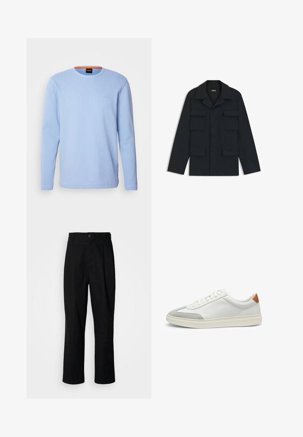 Marineblauwe utilityjack gemaakt van lichtgewicht stof, met een klassieke kraag en vier voorzakken. Rechte snit met lange mouwen.; Lichtblauw langslavens T-shirt van een gestructureerde stof, met een ribbenhalslijn en een geborduurd logo op de borst in een bijpassende kleur.; Zwarte rechte broek met een knoopsluiting, lusjes voor een riem en een voornaad, gepresenteerd tegen een effen witte achtergrond.; Witte leren sneakers met grijze suede accenten en een tan leren hieltab. Kenmerkt zich door een textuurovervlak en een lichtgewicht zool.