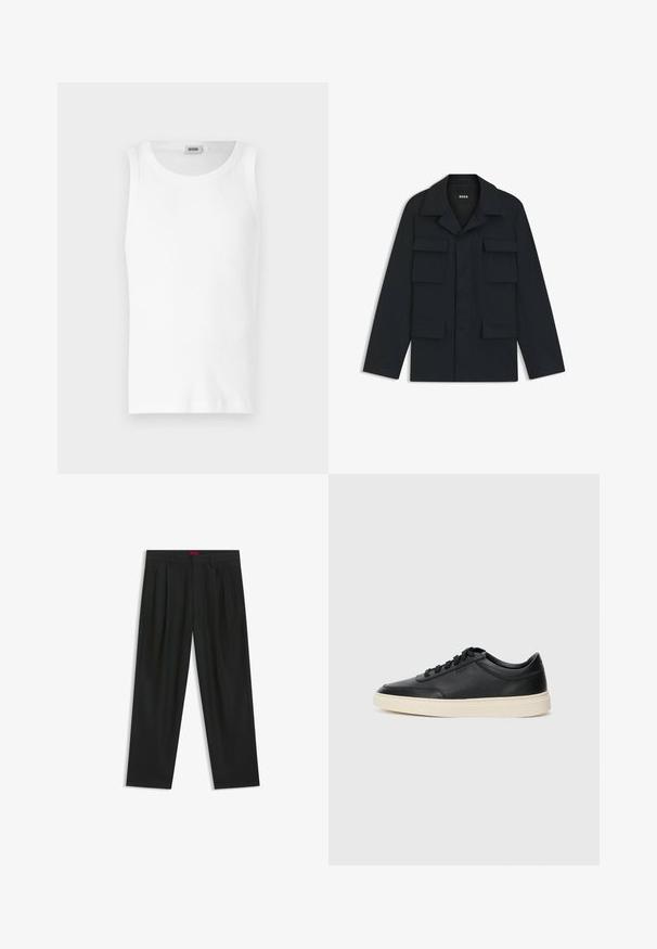 Mørkeblå utility jakke lavet af letvægtsstof, med en klassisk krave og fire forlommer. Lige pasform med lange ærmer.; Hvid bomulds tanktop uden ærmer med rund halsudskæring og en glat tekstur. Enkel design, ingen mønstre eller accenter.; Sorte bukser med plisseret design, bred benform og en glat tekstur. Har et rødt taljetag.; Sort lavt top lædersneaker med sorte snørebånd og off-white sål vist i sideprofil på hvid baggrund.