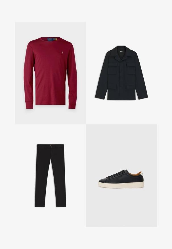 Granatowa kurtka robocza wykonana z lekkiego materiału, z klasycznym kołnierzem i czterema przednimi kieszeniami. Prosty krój z długimi rękawami.; Polo Ralph Lauren - Bluzka z długim rękawem; Czarne spodnie uszyte z materiału o gładkiej teksturze. Posiadają zapięcie na guzik, szlufki na pasek oraz boczne kieszenie. Standardowy krój prostych nogawek.; Czarne skórzane trampki o gładkiej fakturze, jasnobrązowa gumowa podeszwa, sznurowana konstrukcja i kontrastujący akcent na pięcie.