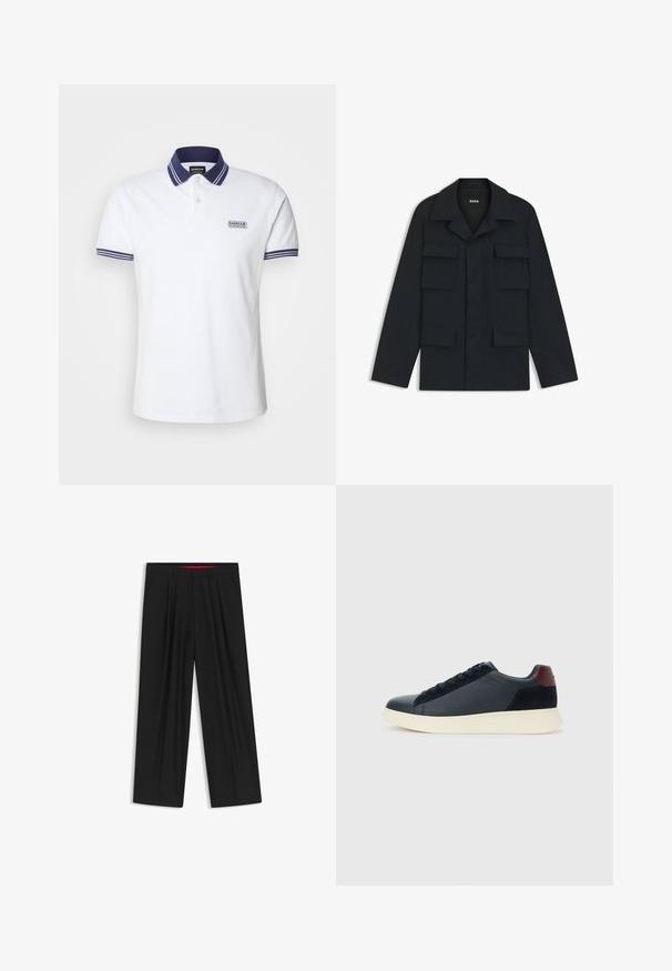 Marineblauwe utilityjack gemaakt van lichtgewicht stof, met een klassieke kraag en vier voorzakken. Rechte snit met lange mouwen.; Barbour International TRACKER - Poloshirt - bright white; Zwarte wijde broek met een vlakke voorkant, twee zijzakken, geplooid ontwerp en een contrasterende rode binnenband.; Lage herensneaker van zwart leer en suede met een bordeauxrode hieltab en een witte rubberen zool, gezien vanuit de buitenkant.