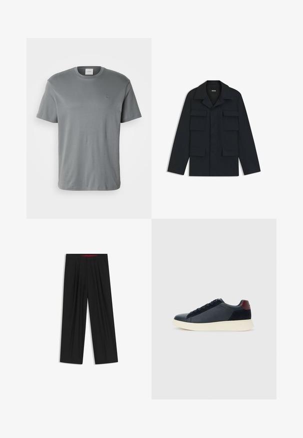 Navy blue utility jacket made of lightweight fabric, featuring a classic collar and four front pockets. Straight cut with long sleeves.; Gray cotton t-shirt with a crew neckline and short sleeves. Features a small, embroidered logo on the chest and seamless edges.; Black wide-leg trousers with a flat front, two side pockets, pleated design, and a contrasting red interior waistband.; Low-top men's sneaker in black leather and suede with maroon heel tab and white rubber sole, viewed from the outer side.