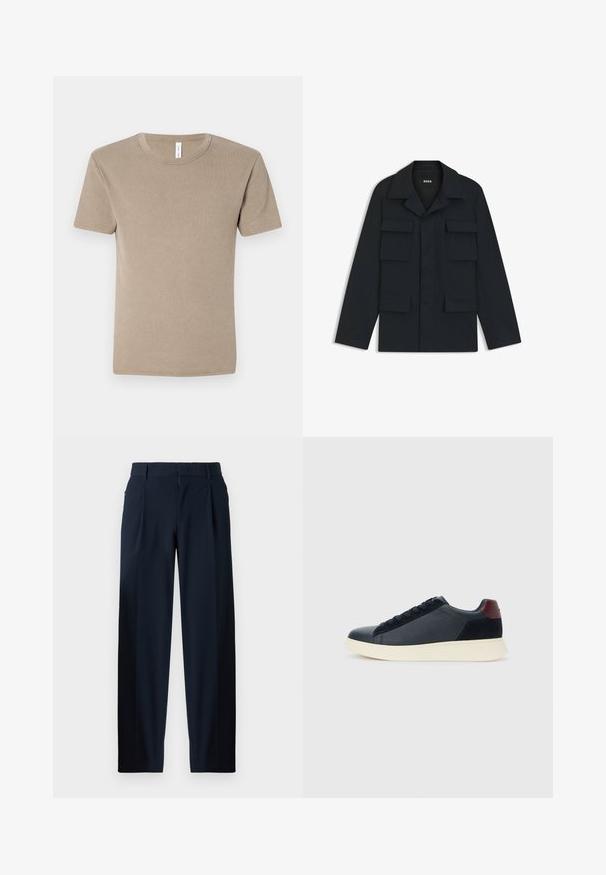 Navyblaue Utility-Jacke aus leichtem Stoff, mit klassischem Kragen und vier vorderen Taschen. Gerader Schnitt mit langen Ärmeln.; Braunes, kurzärmliges T-Shirt aus weichem Baumwollstoff. Es hat einen Rundhalsausschnitt und ein einfaches Design ohne Muster oder Verzierungen.; Marineblaue Hose mit glatter Textur, weiter Beinschnitt, Vorderfalten, Gürtelschlaufen und Reißverschluss. Geeignet für formelle oder lässige Anlässe.; Schwarze Leder- und Wildledersneaker für Herren mit einem ziegelroten Fersenpatch und weißer Gummisohle, von der Außenseite betrachtet.
