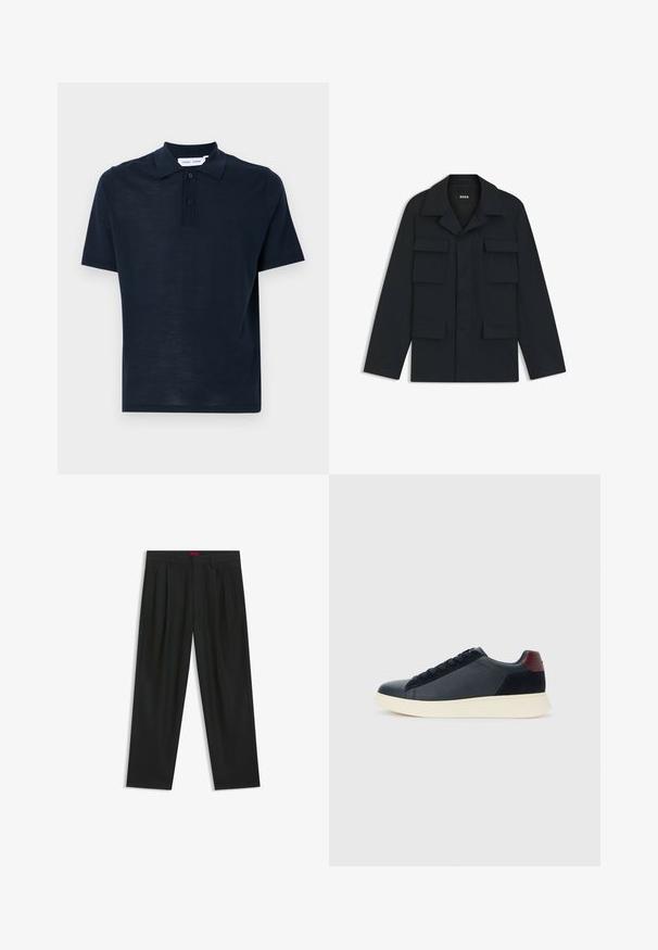 Navyblaue Utility-Jacke aus leichtem Stoff, mit klassischem Kragen und vier vorderen Taschen. Gerader Schnitt mit langen Ärmeln.; Navyblaues Poloshirt aus weichem Material, kurze Ärmel, klassischer Kragen, Knopfleiste mit drei Knöpfen und entspannte Passform.; Schwarze Hose mit einem gefältelten Design, weiter Beinform und glatter Textur. Verfügt über ein rotes Taillenlabel.; Schwarze Leder- und Wildledersneaker für Herren mit einem ziegelroten Fersenpatch und weißer Gummisohle, von der Außenseite betrachtet.