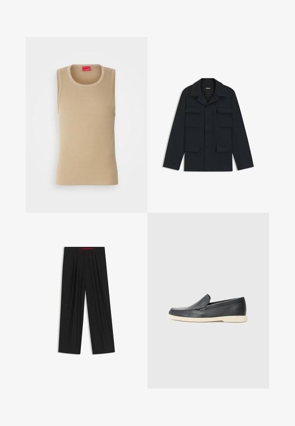 Marineblauwe utilityjack gemaakt van lichtgewicht stof, met een klassieke kraag en vier voorzakken. Rechte snit met lange mouwen.; Beige tanktop van ribstof, met een ronde halslijn en een klein, reliëf "HUGO" logo aan de voorkant. Heeft geen mouwen.; Zwarte wijde broek met een vlakke voorkant, twee zijzakken, geplooid ontwerp en een contrasterende rode binnenband.; Zwarte leren instappers met een gestructureerde afwerking en een contrasterende beige rubberen zool. Beschikt over een subtiele accent langs de voorkant.