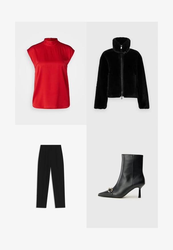 Giacca corta in finta pelliccia nera con colletto alto, zip frontale completa e dettaglio di chiusura con fibbia singola. Texture morbida e vestibilità relax.; BOSS BIDRIZ - Camicetta - bright red; Pantaloni neri a taglio dritto, con doppie pieghe, una texture liscia e un design classico in vita. Nessun hardware o dettaglio visibile.; Stivale alla caviglia in pelle nera con punta affusolata, tacco sottile di media altezza e dettaglio in fibbia argentata sul lato, su sfondo semplice.