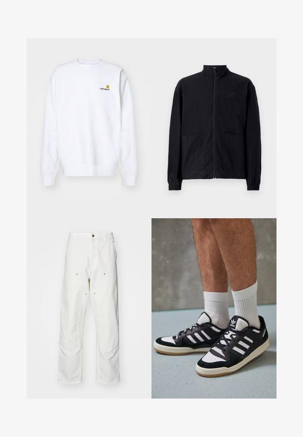 Crna jakna na patent s teksturiranim materijalom koja ima stojeći ovratnik, dva prednja džepa i elastične manžete. Suptilan detalj s logotipom.; Carhartt WIP AMERICAN SCRIPT - Sportska majica - white; Bijele pamučne cargo hlače s opuštenim krojem. Značajke uključuju prednje džepove, zlatne detalje i ojačane dijelove koljena.; Crne i bijele tenisice s gornjim dijelom od antilopa i kože, s tri bijele pruge, perforiranim prstom i gumiranim potplatom.