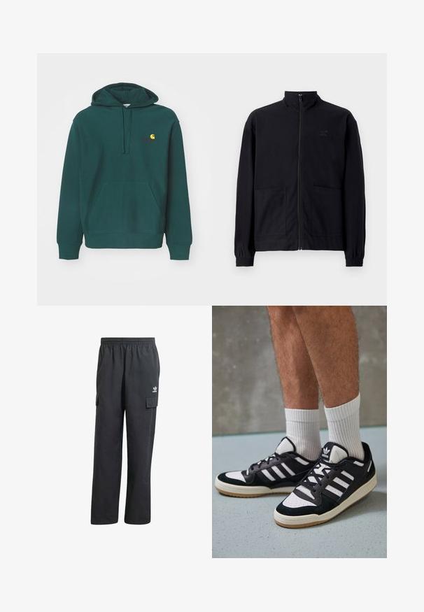 Musta vetoketjullinen takki, joka on valmistettu teksturoidusta kankaasta. Takissa on pystykaulus, kaksi etutaskua ja elastiset hihansuut. Huomaamaton logotyyli.; Vihreä collegepaita, joka on valmistettu puuvillasekoitteesta. Siinä on etutasku, kiristettävä huppu ja rintamuksessa keltainen ja punainen brodeerauslogo.; Mustat cargo-housut, joissa on joustava vyötärö, kaksi sivutaskua ja huomaamaton logo vasemmassa reidessä. Valmistettu kevyestä kankaasta.; Valkoiset ja mustat tennarit, joissa on mokkanahka- ja nahkapäällinen, kolme valkoista raitaa, rei'itetty kärki ja kumipohja.