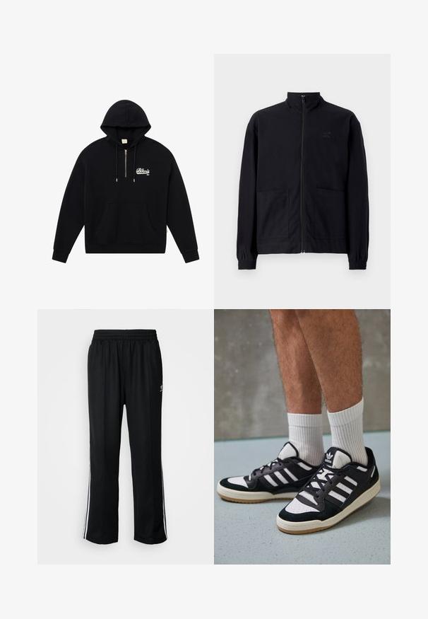 Schwarze Zip-Jacke aus strukturiertem Stoff mit Stehkragen, zwei Fronttaschen und elastischen Bündchen. Subtiler Logodruck.; Schwarzer Hoodie mit einer vorderen Kängurutasche, Reißverschluss am Hals und gesticktem "Blkrls NY" Logo in Weiß. Aus weichem Stoff gefertigt, mit gerippten Bündchen.; Schwarze Sporthosen mit elastischem Bund, ausgestattet mit weißen Seitenstreifen und einem kleinen Logo. Das Material wirkt weich und leicht.; Schwarz-weiße Sneaker mit einem Obermaterial aus Wildleder und Leder, ausgestattet mit drei weißen Streifen, einer perforierten Zehenpartie und einer Sohle aus Gummi.