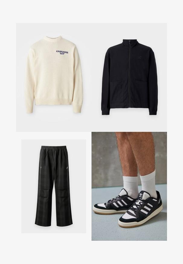 Giacca nera con zip realizzata in tessuto testurizzato, dotata di colletto alto, due tasche frontali e polsini elasticizzati. Dettaglio logo discreto.; Maglione lavorato a maglia di colore crema con colletto rotondo, polsini e orlo a costine, caratterizzato dal logo blu "Carhartt WIP" sul davanti. Tessuto con texture.; Pantaloni a quadri neri con vita elasticizzata, due tasche frontali e una vestibilità ampia con design a gamba dritta. Realizzati in materiale leggero.; Sneaker bianco e nero con tomaia in suede e pelle, caratterizzati da tre strisce bianche, punta perforata e suola in gomma naturale.