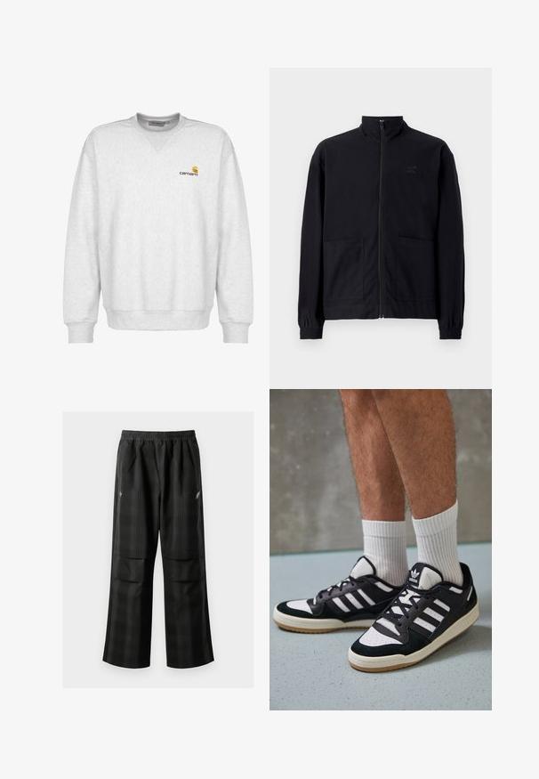 Sort zip-op jakke lavet af tekstureret stof med stående krave, to forlommer og elastiske manchetter. Diskret logo detalje.; Grå fleece sweatshirt med rund hals, ribstrikkede manchetter og kant, med et lille brunt Carhartt-logo på venstre brystområde.; Sorte ternede bukser med elastisk talje, to forlommer og en løs pasform med lige ben. Fremstillet af letvægtsmateriale.; Sorte og hvide sneakers med en overdel i ruskind og læder, der har tre hvide striber, en perforeret tå og en sål i gummigummi.