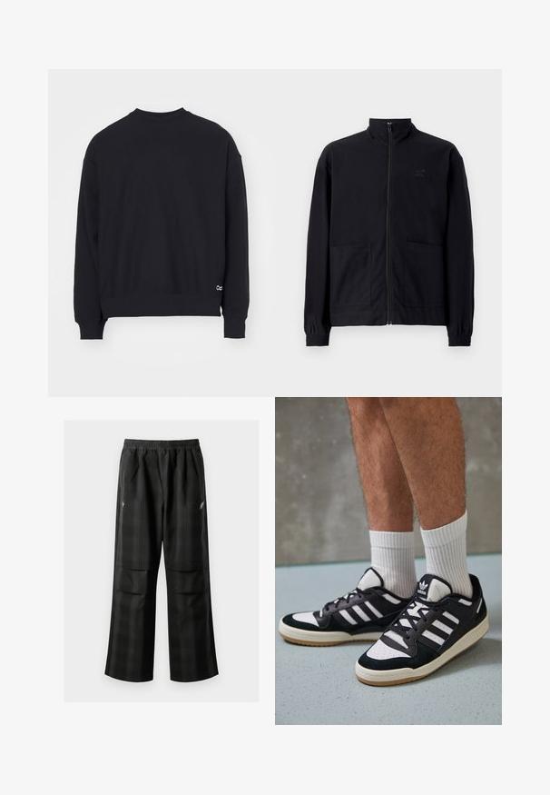 Črna jakna na zadrgo iz teksturirane tkanine z dvignjenim ovratnikom, dvema sprednjima žepoma in elastificiranimi manšeti. Diskretna podrobnost logotipa.; Črna kapuca s krojnim ovratnikom, dolgimi rokavi, rebrastimi manšetami in robom. Ima mali bel logotip na spodnji levi strani.; Črne karirane hlače z elastičnim pasom, dvema sprednjima žepoma in ohlapnim krojem s pravimi nogavicami. Narejene so iz lahke tkanine.; Črno-bele superge z zgornjim delom iz usnja in nubuka, ki imajo tri bele črte, perforiran vrh prstov in podplat iz gume.