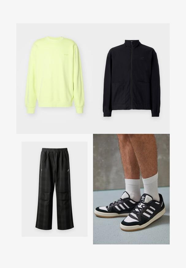 Mustast zip-up jakkidest, mis on valmistatud tekstureeritud kangast, on püstkaelus, kaks esist taskut ja elastsed mansetid. Diskreetne logo detail.; Kirkas kollanene dressipluus pehmest kangast, ümmarguse kaelusega, pikkade varrukatega ja sooniku ääristusega. Ees on diskreetne logo.; Mustas ruudulised püksid, millel on elastne vöökoht, kaks esimest taskut ja laiem lõige sirge jala disainiga. Valmistatud kergest materjalist.; Mustvalged ja valged spordijalatsid, mille pealmine osa on valmistatud suede'ist ja nahast. Kingadel on kolm valget riba, auguline varvas ja kummist tald.