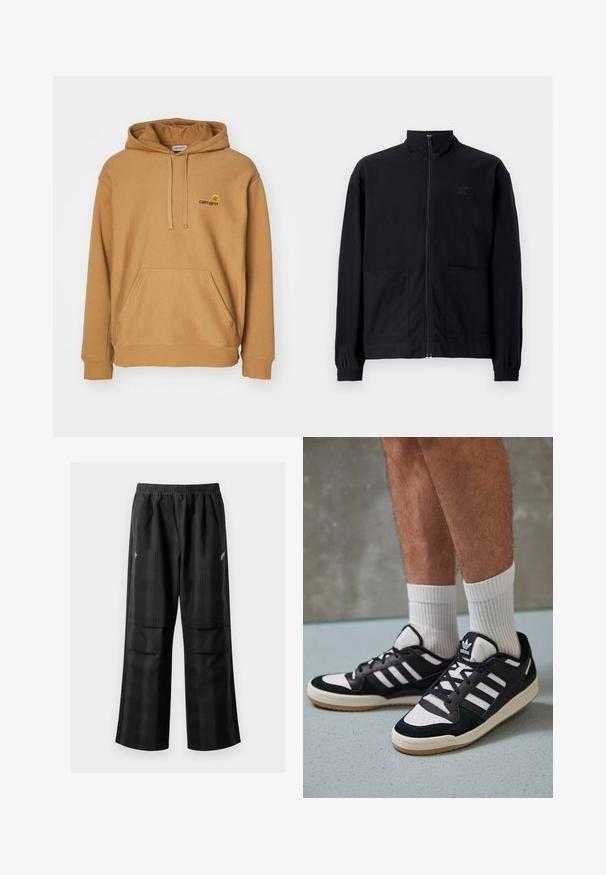 Sort zip-op jakke lavet af tekstureret stof med stående krave, to forlommer og elastiske manchetter. Diskret logo detalje.; Brun hættetrøje lavet af blødt stof, med en frontlomme og broderet logo på brystet. Enkel design, ribbede manchetter.; Sorte ternede bukser med elastisk talje, to forlommer og en løs pasform med lige ben. Fremstillet af letvægtsmateriale.; Sorte og hvide sneakers med en overdel i ruskind og læder, der har tre hvide striber, en perforeret tå og en sål i gummigummi.